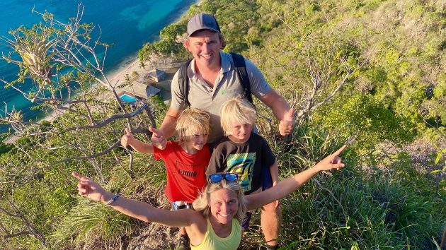 Nick, Sophie and the boys hiking on their catamaran adventure