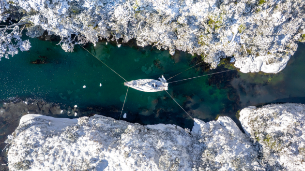 Mooring Patagonia-style at Seno Helado in the Canal Barbara.